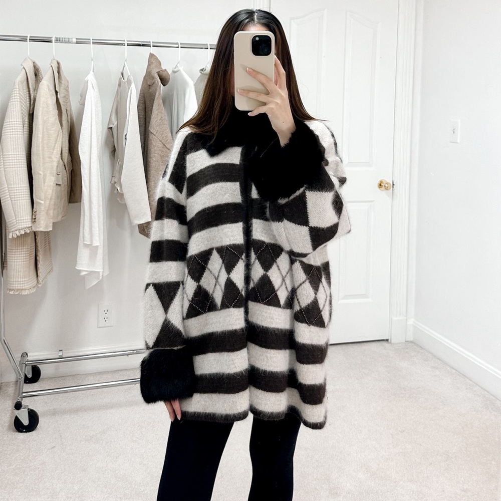 Vintage Shannan Argyle Stripe Wool Angora Blend Fur Collar Cardigan in Brown